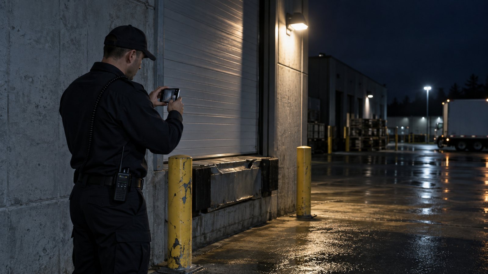 Guard photographing a damaged dock door on a night patrol
