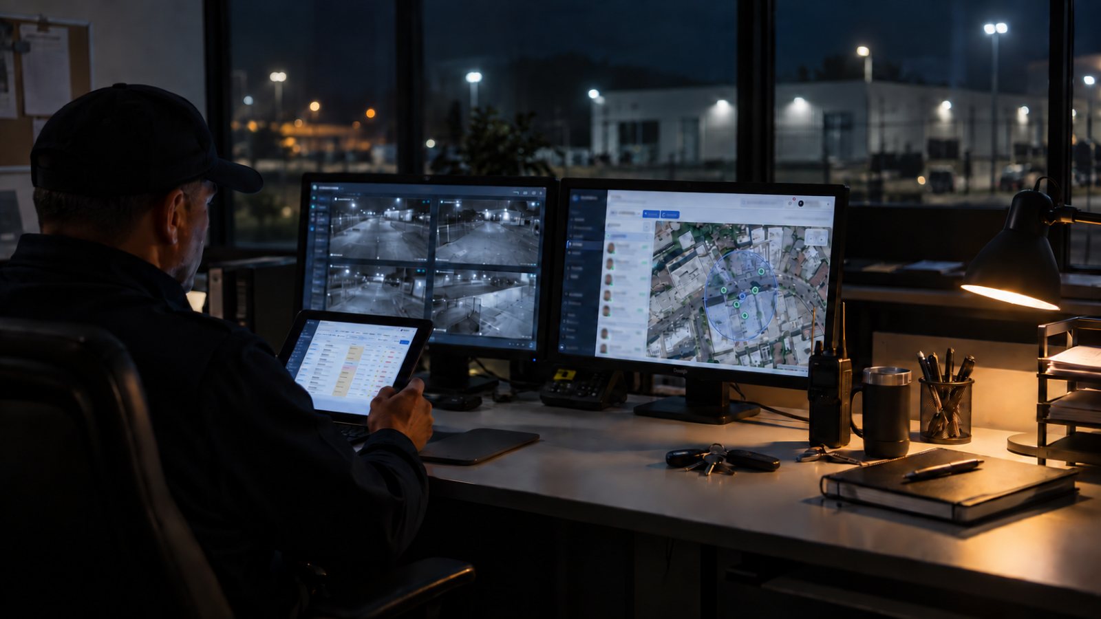 Supervisor reviewing live site cameras, the site map and the schedule from one console