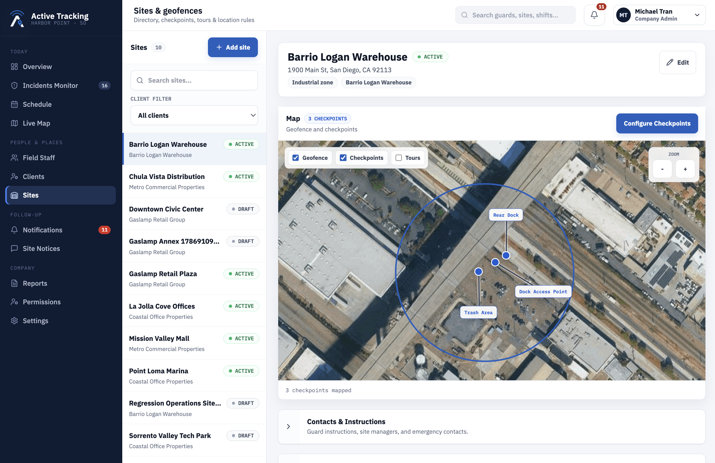 Sites and geofences dashboard showing a warehouse site with checkpoints