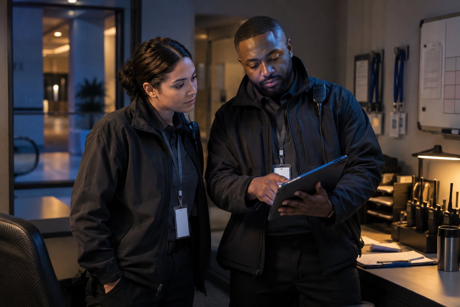 Supervisor and guard reviewing the shift assignment on a tablet before relief goes out