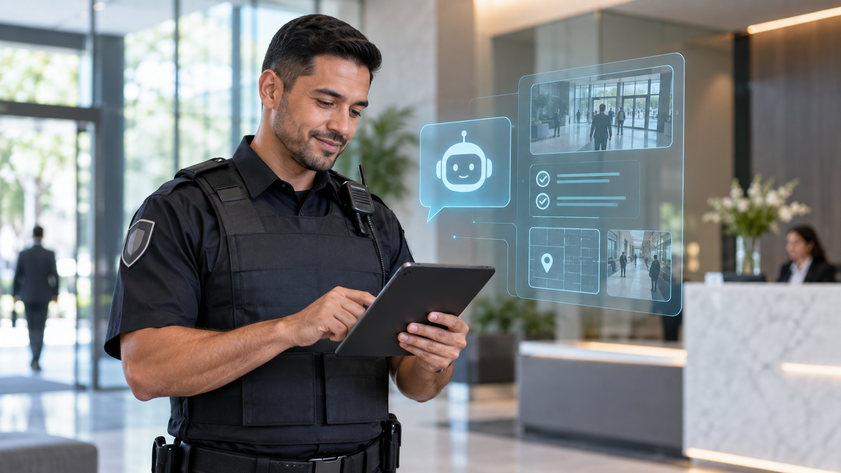 Security guard using an AI-assisted operations tablet